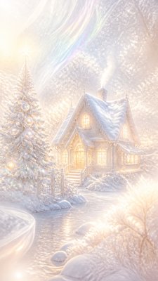 a snow-covered cottage with warm glowing windows beside a decorated pine tree, gentle snowfall, no text
