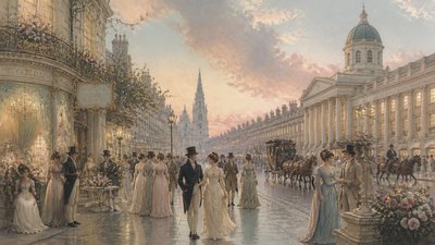 bustling city street panorama at dusk
