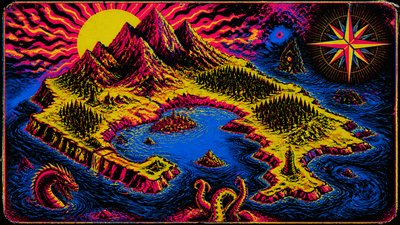 a map of an island realm with mountains, forests, a sheltered bay, sea monsters in the water and a compass rose, no text labels