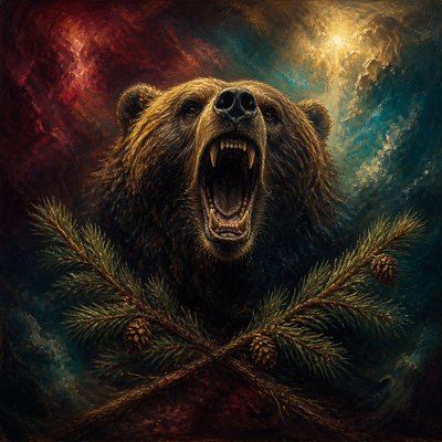 a roaring bear head above crossed pine branches, bold graphic composition on a plain background, no text