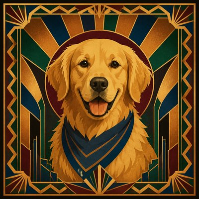 portrait of a golden retriever wearing a blue bandana, warm plain backdrop, no text