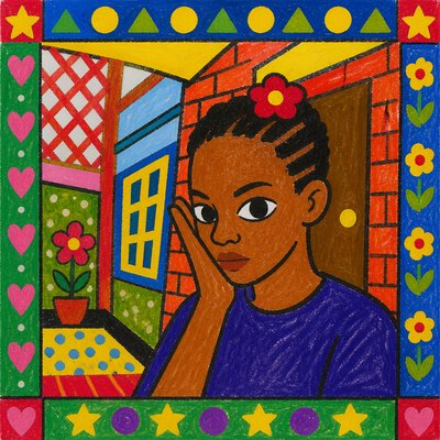 a drawing of a girl looking in a mirror