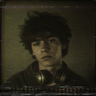 head-and-shoulders portrait of an original character: a young man with curly dark hair and headphones around his neck, plain backdrop, no text