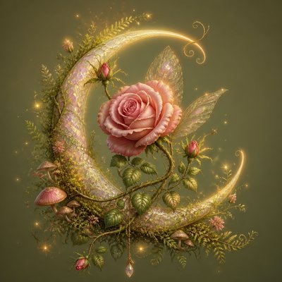 a rose entwined with a crescent moon, clean balanced composition on a plain background, no text