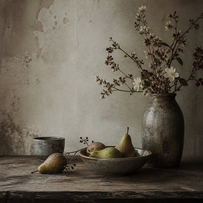 still life arrangement of fruits and flowers