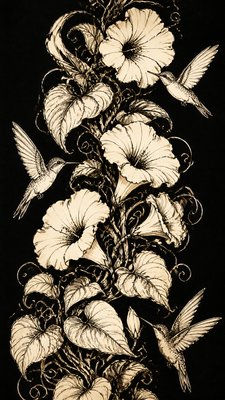 a climbing vine of flowers and hummingbirds on a dark background, tall wrapping composition, no text