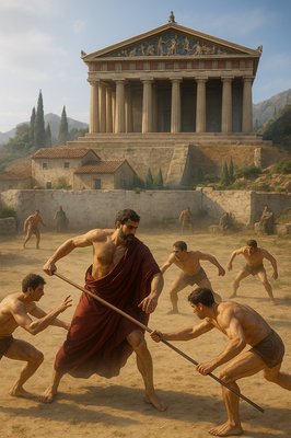 a painting of a group of men in front of a temple