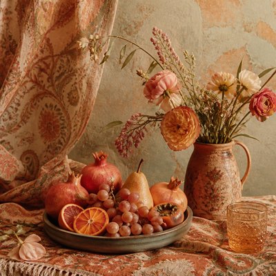 still life arrangement of fruits and flowers