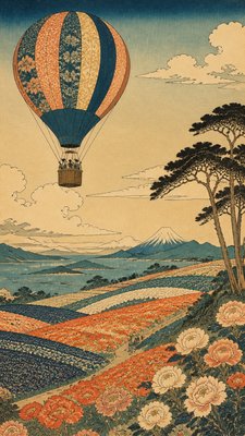 a hot air balloon drifting over rolling flower fields on a sunny day, cheerful, no text