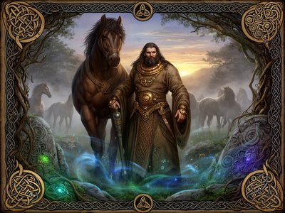 The Dagda, powerful Celtic god, standing with a massive, muscular horse at his side. Earthy robes, bronze and gold torc, long dark hair, commanding presence. Horses moving in the background like living wealth of the land. Misty forest or rolling hills, dawn light piercing fog, mythic realism, cinematic Celtic fantasy, raw authority, natural textures.