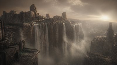 a cliffside city with waterfalls cascading into a misty canyon, wide establishing shot, no people, no text