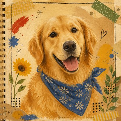 portrait of a golden retriever wearing a blue bandana, warm plain backdrop, no text
