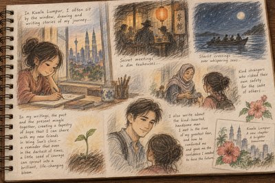 As the days turned into weeks in Kuala Lumpur, Ah Zi would often sit by the window, drawing in her notebook and writing stories of her journey. Stories of secret meetings in dim teahouses, of starlit crossings over whispering seas, and of kind strangers who risked their own safety for the sake of others. In her writings, the past and the present mingled together, creating a tapestry of hope that she could share with her new friends in Wing Sun’s class—a reminder that even in the darkest of times, a little seed of courage could sprout into a brilliant, life-changing bloom.  Ah Zi also wrote about the kind-hearted, handsome man she had met in the time of her greatest fear, and how He had comforted her and given her the confidence she needed to face the future.  Show me a page from Siu-Zi's sketchbook and make it look like sketches in colored pencil.