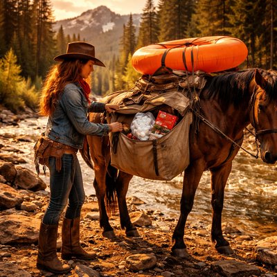 Cinematic Nature Photography, Americana Style, Golden Hour Lighting. A candid, detailed shot of an authentic cowgirl with long red hair in a worn leather hat, denim jacket, and dusty boots. She is standing beside a sturdy pack horse in a rocky creek bed, actively stuffing, rugged canvas panniers.

The details of the load are clear: A large bag of jumbo marshmallows and a red box of graham crackers are peeking out of one open saddlebag, next to chocolate bars. Strapped awkwardly to the very top of the pack saddle with ropes is a large, bright orange inflatable river tube.

The environment is stunning Colorado high country: Towering ponderosa pines and aspen trees line a rushing clear mountain river. Rugged, snow-capped Rocky Mountain peaks rise in the background under a rich blue sky. The light is warm and late-afternoon, catching the dust in the air and the textures of the horse's coat and the leather gear.