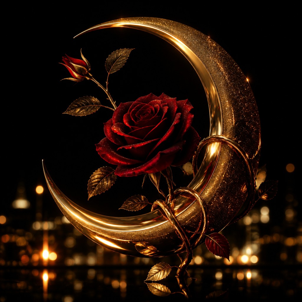 a rose entwined with a crescent moon, clean balanced composition on a plain background, no text