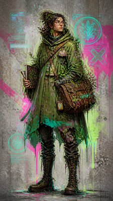 full-body original character: a wandering botanist with a satchel of plants, a patched green cloak, tall boots and round glasses, neutral background