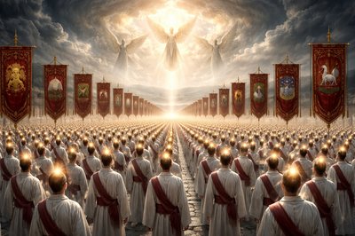 An epic, wide-angle cinematic masterwork of the 144,000 servants of God, divided into twelve massive, disciplined ranks in a valley of white stone. Each rank is led by a towering, ornate scarlet silk banner with gold-embroidered edges. 
The Banners: Distinct symbols are visible on each: a Lion (Judah), Sun over Water (Reuben), Military Tent (Gad), Olive Tree (Asher), Leaping Deer (Naphtali), Fruitful Vine (Manasseh), City Gate (Simeon), Priestly Breastplate (Levi), Celestial Stars (Issachar), Sailing Ship (Zebulun), Wheat Sheaf (Joseph), and Silver Wolf (Benjamin).
The People: In the foreground, the men wear crisp white linen robes with deep Tola-scarlet sashes. Every individual has a brilliant, glowing Golden Seal physically shimmering on their forehead, casting a divine light upward.
The Heavens: In the far distance, four colossal, translucent angels stand at the horizon, their massive wings outstretched to physically block swirling, dark storm-vortices (the four winds). A fifth angel, radiant in pearlescent light, descends from a golden sunrise in the East.
Style: High-contrast chiaroscuro, intricate embroidery textures, hyper-detailed faces, 8k resolution, ArtStation masterpiece. Absolutely no English text or letters.