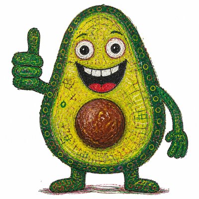 a happy avocado character giving a thumbs up, bold readable design on a plain background, no text