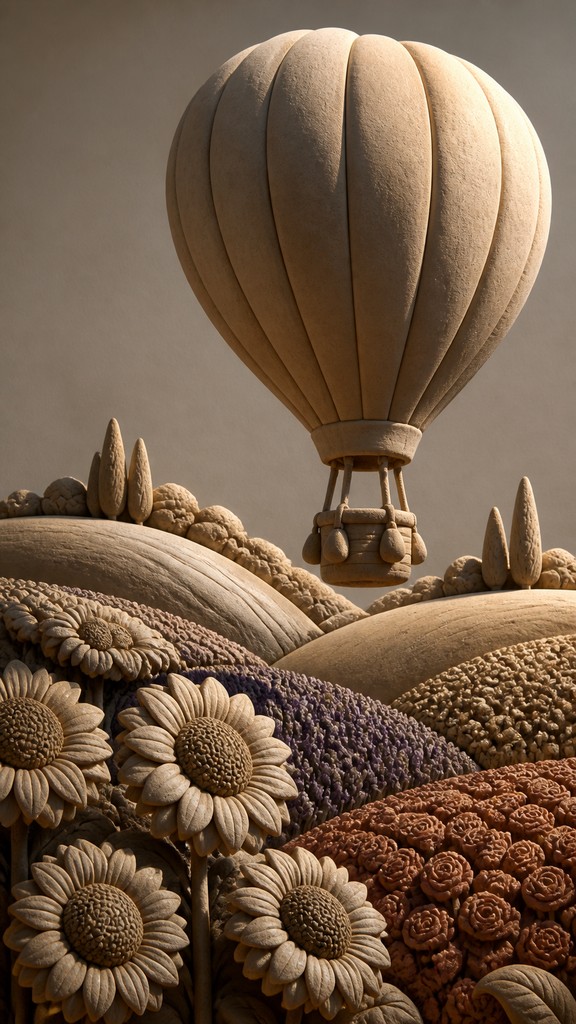 a hot air balloon drifting over rolling flower fields on a sunny day, cheerful, no text