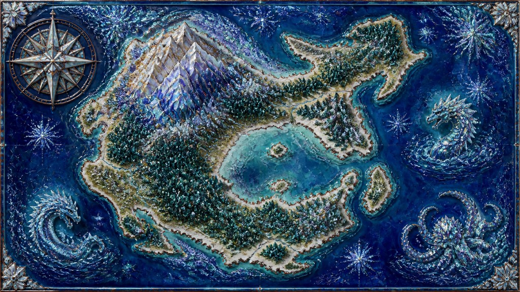 a map of an island realm with mountains, forests, a sheltered bay, sea monsters in the water and a compass rose, no text labels