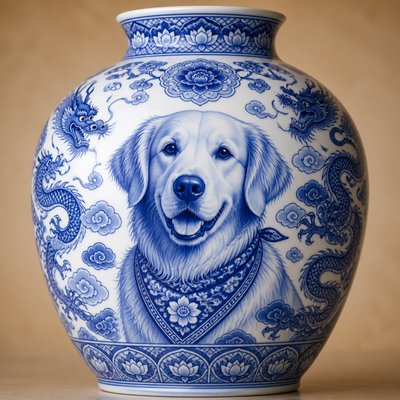 portrait of a golden retriever wearing a blue bandana, warm plain backdrop, no text