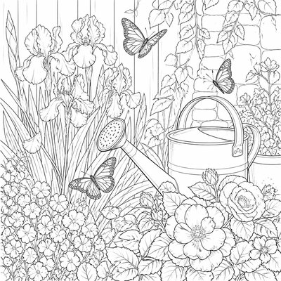a garden scene with butterflies, flowers and a watering can, clean uncolored line art, no text