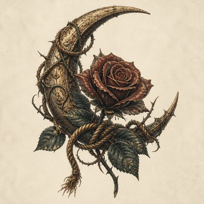 a rose entwined with a crescent moon, clean balanced composition on a plain background, no text