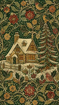 a snow-covered cottage with warm glowing windows beside a decorated pine tree, gentle snowfall, no text