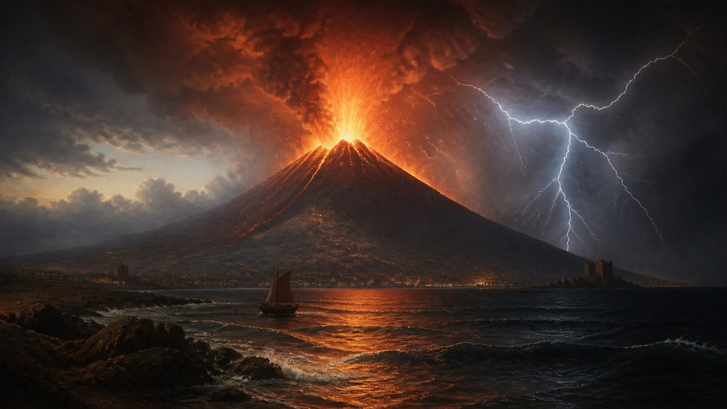 an erupting volcano with lightning strikes, dramatic wide composition, no text
