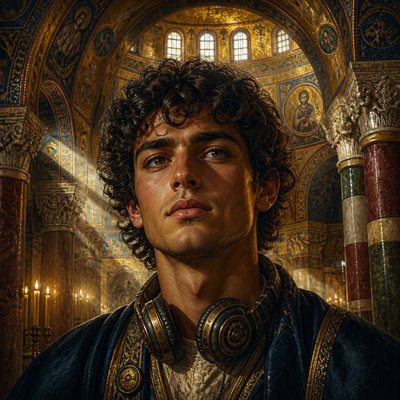 head-and-shoulders portrait of an original character: a young man with curly dark hair and headphones around his neck, plain backdrop, no text