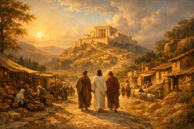 First century Palestine.  Jesus walking away from the camera with 2 of His disciples.  The Temple sits high on a hill in the distance with the road going up to it.  Merchants and houses line the road.  People are coming and going both ways.