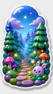 a mysterious forest path with fireflies and drifting mist, atmospheric vertical composition with open space at the top, no text