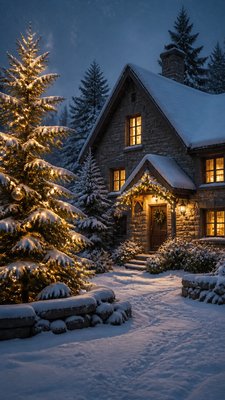 a snow-covered cottage with warm glowing windows beside a decorated pine tree, gentle snowfall, no text
