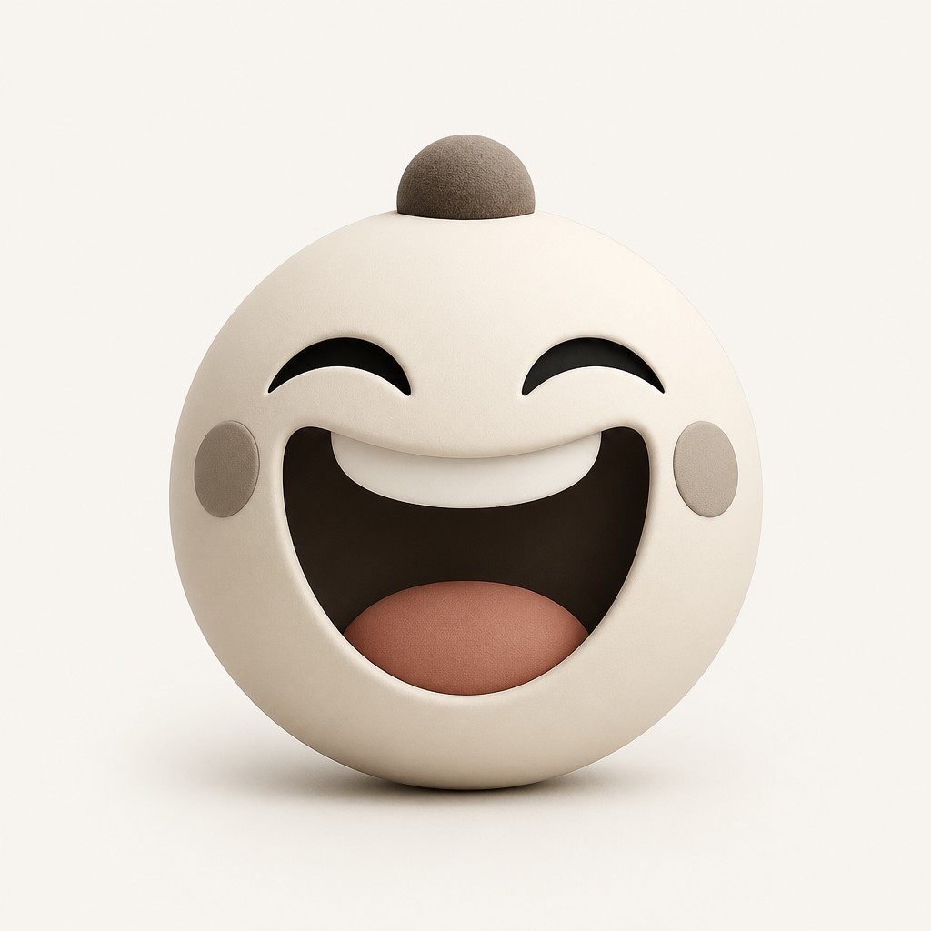 an exaggerated laughing face of an original round mascot character, bold and readable at small size, plain background, no text