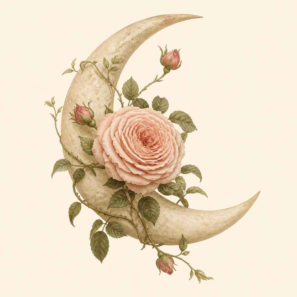 a rose entwined with a crescent moon, clean balanced composition on a plain background, no text