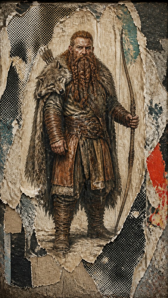 full-body original character: a dwarven ranger with a braided auburn beard, worn leather armor, a longbow and a wolf-pelt cloak, neutral background, no text