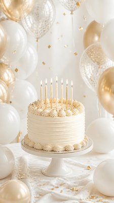 a birthday cake with lit candles surrounded by balloons and confetti, festive vertical composition, no text