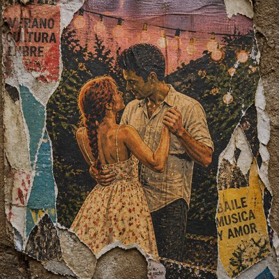 an original couple dancing under string lights in a garden at dusk: a man with short black hair in a linen shirt and a woman with braided red hair in a summer dress