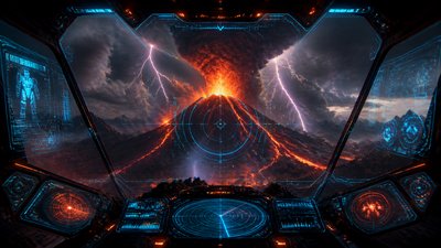 an erupting volcano with lightning strikes, dramatic wide composition, no text