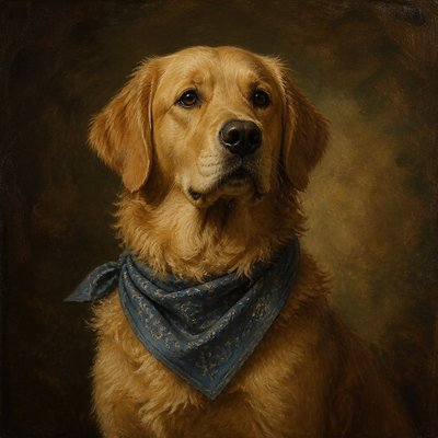 portrait of a golden retriever wearing a blue bandana, warm plain backdrop, no text