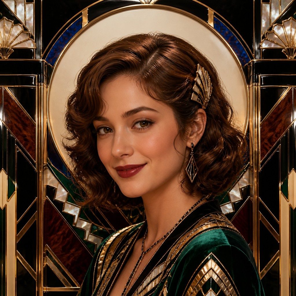 head-and-shoulders portrait of an original character: a young woman with wavy chestnut hair and a warm smile, plain soft backdrop