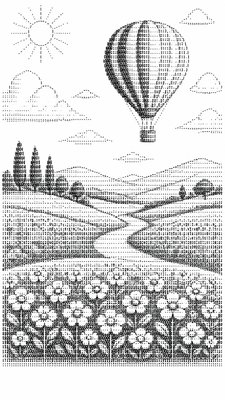a hot air balloon drifting over rolling flower fields on a sunny day, cheerful, no text