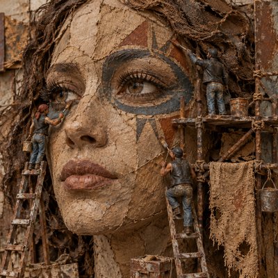 A close up of a woman’s face with miniature people on ladders and scaffolding painting a face tattoo around her eyes. She has long eyelashes and shoulder length curly brown hair. The miniature people wear leather and denim.