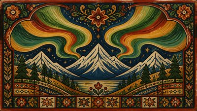 a flowing aurora over snowy peaks, wide sweeping composition, no people, no text