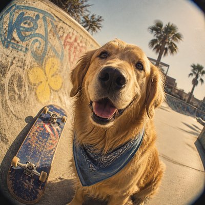 portrait of a golden retriever wearing a blue bandana, warm plain backdrop, no text