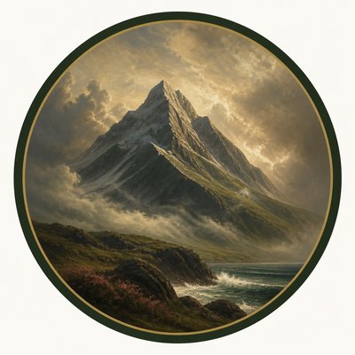 an emblem of a mountain peak inside a circle, simple bold shapes on a plain background, no text or lettering
