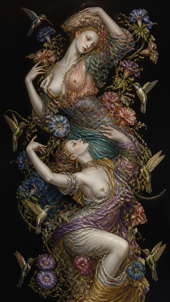 a climbing vine of flowers and hummingbirds on a dark background, tall wrapping composition, no text