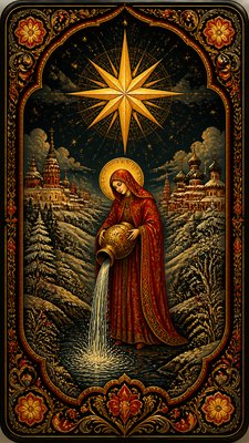 a robed figure pouring water beneath a large eight-pointed star in a night sky, symmetrical composition with an ornate decorative border, no text
