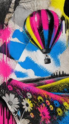 a hot air balloon drifting over rolling flower fields on a sunny day, cheerful, no text
