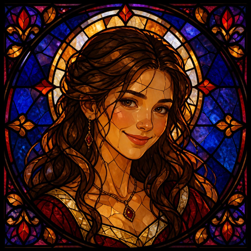 head-and-shoulders portrait of an original character: a young woman with wavy chestnut hair and a warm smile, plain soft backdrop